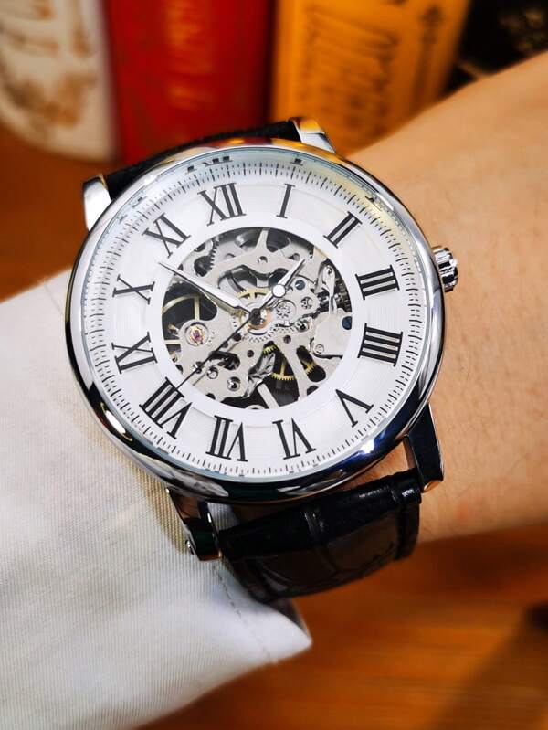 T-WINNER 1 Stück klassische mechanische Skelett-Uhr mit leuchtenden Zeigern, schwarzem Lederarmband, Luxus-Marken Geschäfts- und Lässig-Uhr für Männer, Festival-, Geburtstags- und Neujahrsgeschenke