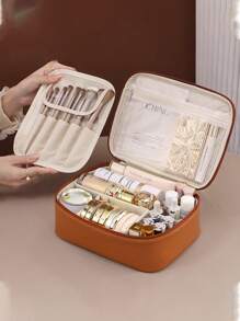 1 Peça Necessaire de Maquiagem Desmontável Multicamadas, Bolsa de Maquiagem de Couro Sintético à Prova d'Água de Grande Capacidade, Bolsa para Pincéis de Maquiagem Removível, Organizador Portátil de Viagem para Batom e Cosméticos, Adequado para Cosméticos e Artigos de Higiene Pessoal Durante a Viagem