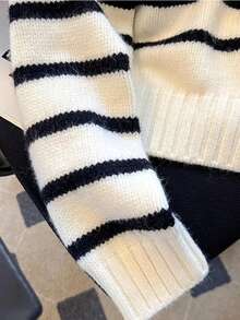 ملابس خريفية جديدة للنساء، ملابس علوية كنزة مضلعة بألوان متباينة بياقة مرتدية طويلة الأكمام، عودة إلى المدرسة - أبيض - مشاهدة 5