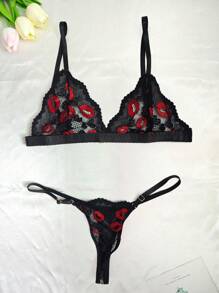 1 Set di lingerie sexy da donna in 3 pezzi con ricamo di labbra rosse in rete trasparente, body con inserti in pizzo
