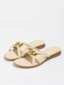 Sandales plates à bout rond confortables et pour femmes, style bohème avec décoration de chaîne métallique, modèle simple à enfiler - Nude - Voir 6