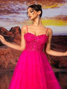 亮粉色吊带裙，缀以耀眼刺绣珠子，A 字形闪亮正式晚礼服，缀以碎花，浪漫性感派对礼服，优雅网眼面料贴花鸡尾酒会礼服，适合生日派对、所有季节以及婚礼宾客 - 玫紅色 - 查看 5