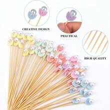 [Quantity Options] Bamboo Flower Bud Mixed Color Decorative Bamboo Skewers, With Flower Top, Simple Ins Style, For Hamburger, Fruit, Food Decoration, Party, Wedding, Back To School, Gathering, Gift, Healthy Handling Of Food