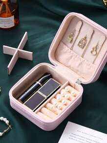 1pc Minimalist Portable Palm-Sized Jewelry Box, European & American Style Ring/Earring Storage Box With Zipper Flip Cover, Travel Accessory Organizer Back To School