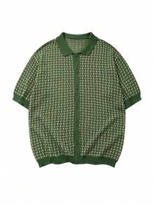 Unisex Casual Loose Fit Polo Collar Short Sleeve Knit Cardigan Top, Spring/Summer - Green - View 1