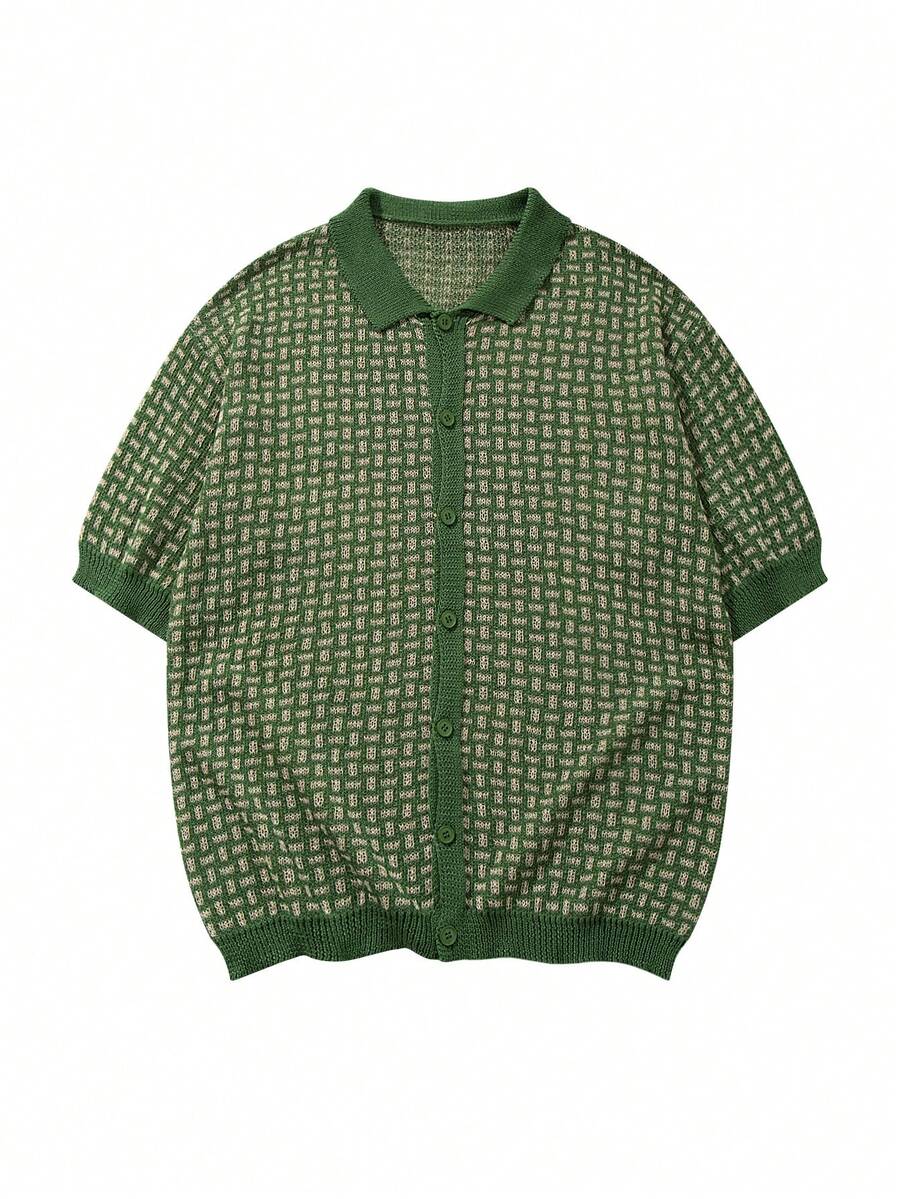 Unisex Casual Loose Fit Polo Collar Short Sleeve Knit Cardigan Top, Spring/Summer - Green - View 1