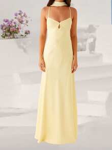 Women Long Dress Solid Color Cami Dress Summer Fashion Sleeveless Spaghetti Strap Dress - 黃色 - 查看 6