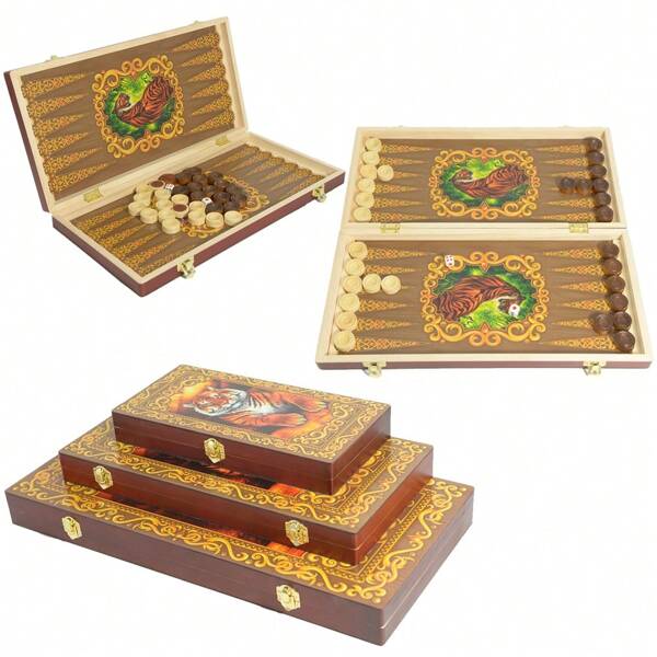 Foldable Multi-Size Backgammon Board With Wooden Chess Pieces, Portable Competitive Tabletop Game