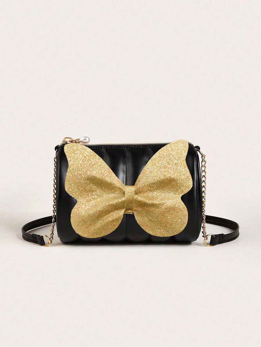 1pc Girls' Zipper Closure Quilted Butterfly Chain Crossbody Bag, Suitable For Daily Outings - Black - View 1