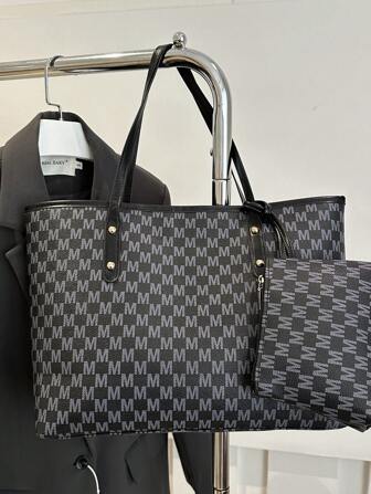 (Purse With A Coin Purse)New Fashion Women's Large Capacity Full Body Print Design Letter Pattern Decoration Design Double Handle Tote Bag Suitable For Work And Commuting,School Bag,Large Capacity,Portable,Classic Casual,Business Casual,For Teen Girls Women College Students,White-Collar Workers,Perfect For Work,Back To School,Middle School,High School,College,Vacation, Fashionable Tote Bag With Zipper