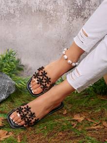 Sandalias de verano transparentes con estampado floral y adornos de cristal para mujeres, sandalias planas para la playa aptas para vestidos, modelo 2025 - Negro - Ver 4