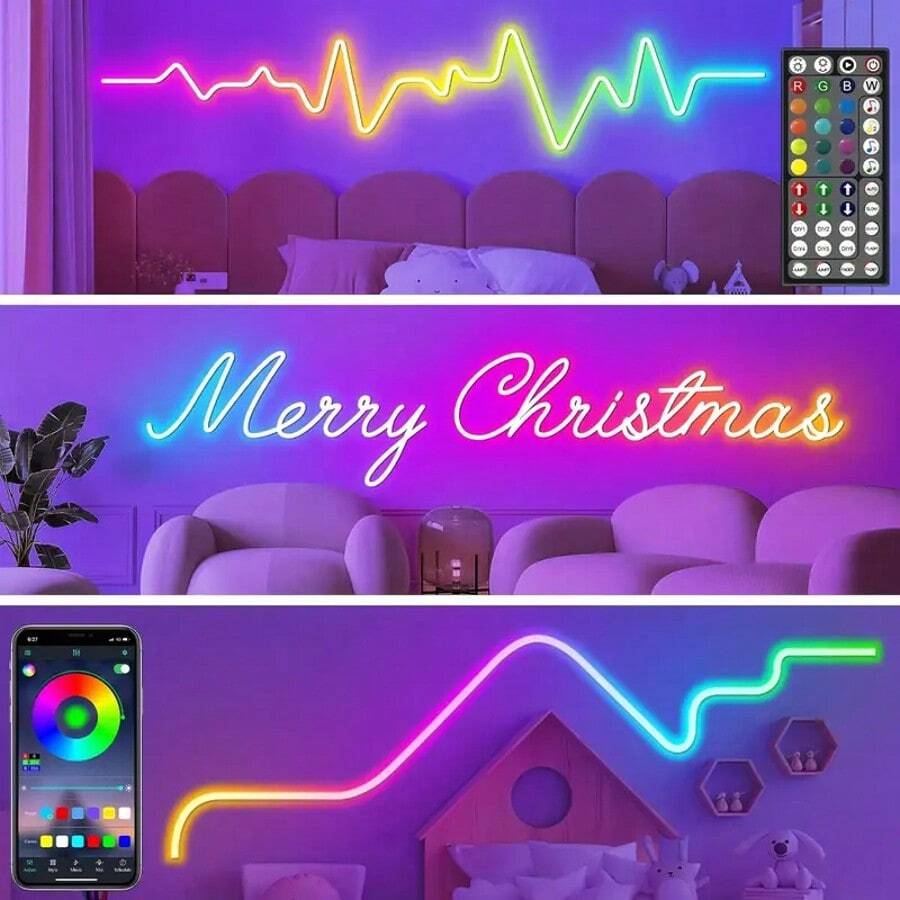 Remote & APP Controlled LED Neon Light Strip - IP65 Waterproof, Flexible. RGB Rope Light, Perfect For Bedroom, Room, And Outdoor Decor.