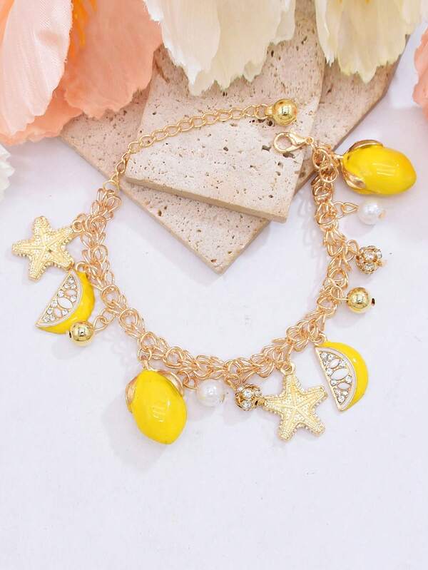 1pc Elegant Women's Jewelry - Starfish, Lemon, Rhinestone & Pearl Fruit Beach Bracelet, Ocean Style Design, Suitable For Vacation Wear