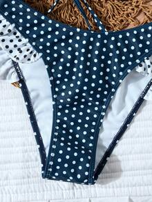 2pcs Women New Bikini Set, Fashion Backless Ditsy Floral Polka Dot Ruffled Metal Decor Popular Swimwear Vacation Beach Summer - Navy Blue - View 5
