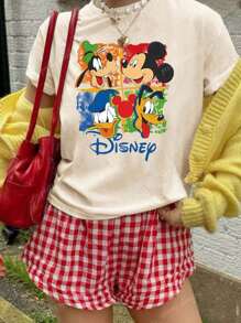 Disney Women's New Round Neck Short Sleeved Summer, Casual Cartoon Pattern Printed Round Neck T-Shirt, Sweet And Gentle Temperament, Slim And Comfortable Summer Tops, Suitable For Daily Casual Wear, Graphic Tees Women,Summer Outfits For Women