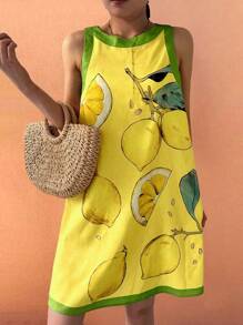 Boho Summer Beach Casual Vacation Comfortable Women's Clashing Lemon Leaf Pattern Sleeveless Dress Brunch Outfits For Women