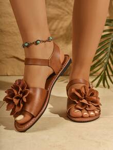 Women's Wide Width Flat Sandals, Fashion Brown Buckle Rose Decor Elastic Strap, Loose & Comfy, Elegant Casual Lightweight Versatile Beach Sexy Sandals