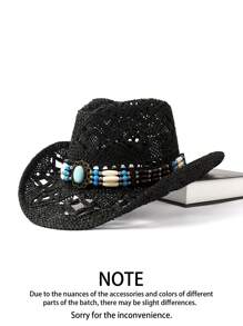 1pc Zirconia Chain Decor Breathable Hollow Out Cowboy Hat, Unisex Fashion Personalized Summer Sun Hat, Suitable For Beach, Vacation, Daily Wear