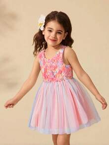 Mädchen rosa 3D Blumen aufgeblähtes Kleid, Traumhaftes Blumenprienzsessin Kleid, rosa Sommer 3D Rose + farbiges Tüll Set, mädchenhaftes Design, geeignet für wichtige Feste, Bühnenauftritte, Geburtstagsfeiern - Verschiedenfarbig - Übersicht 3