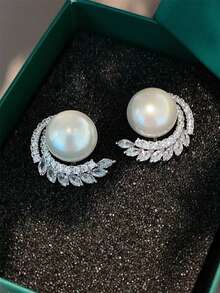 1 Pair Luxury Cubic Zirconia & Faux Pearl Stud Earrings For Women For Wedding Engagement Anniversary Party Jewelry Valentine's Day Gift - 1# - View 12