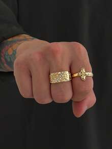 2 Pcs/Set, Fashionable Casual Minimalist Cross Hammer Textured Rings With Inlaid Cubic Zirconia, Men Unique Jewelry, Holiday Gift - 2pcs - View 1