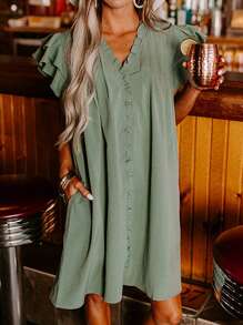 Acelitt Summer Fog Green Ruffled Sleeves V-Neck Ruffled Casual Dress