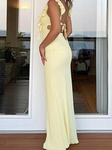 女士新款多巴胺时尚复古高端黄色露背细肩带连衣裙，适合旅行、度假、约会、日常通勤，网眼紧身裙