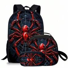 Red Spider Printed Backpack Three Pieces Set (Single-Layer Backpack + Shoulder Strap Round Lunch Bag + Single-Layer Pencil Bag) Pencil Case