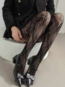 1 par de pantimedias retro francesas de alta gama con encaje de rosa, mallas de gran elasticidad, calcetines ajustadores de jacquard calados