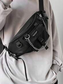 Men's Casual Letter Pattern Chest Bag With Chain - Black - View 2