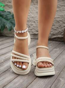 Women Summer New Platform Wedge Sandals, Thick Sole Increase Height Slimming Classic Versatile Half-Toe Beach Holiday Shoes, Crystal Decor Pearl Slides Mules