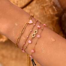 1 Stück Blogger Stil Armband aus Naturstein und rostfreiem Stahl in Unendlichkeitsform, vergoldet, wasserdicht, verstellbar, rosa Herz Kette, Modeschmuck, bohemian Vibe für Frühling/Sommer