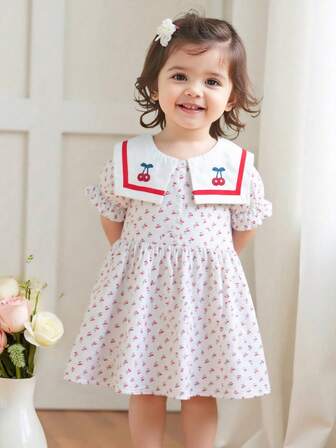 Vestido de verano para niña bebé con cuello marinero y lindo estampado de cerezas
