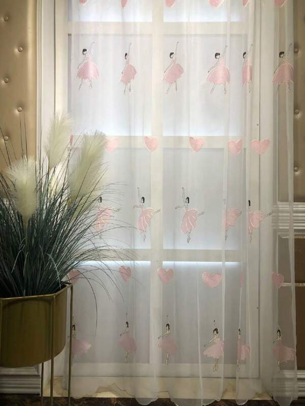 1pc Cartoon Ballet Girl Embroidered Tulle Sheer Curtain, For Baby Room