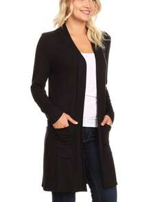 Classic Open Front Long Sleeve Cardigan With Side Pockets  Plain  Casual    Pocket      Daily - màu đen - Xem 2