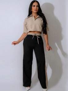 2pcs Women's Fashionable Striped Collared Button-Up Top And Elastic Waist Striped Patchwork Straight Leg Pants Set - Khaki - View 2