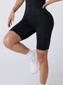 1pc Women's Dual Side Pocket Yoga Shorts - Summer Outdoor Sports Tight Fitted 5-Point Pants, High Waist High Elastic Thin Fitness Shorts