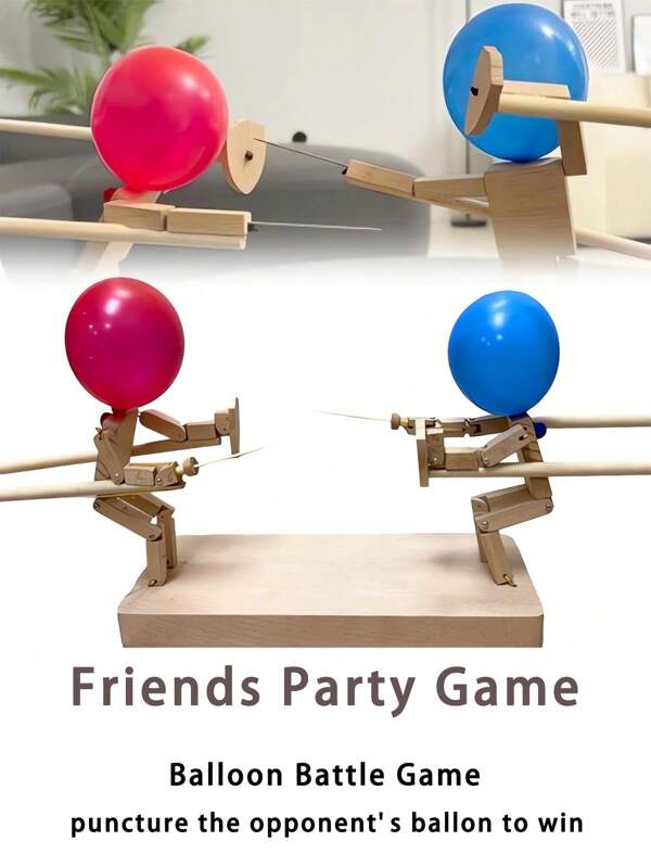 2-Player Balloon Popping Wooden Figurine Battle Game, Handmade Wooden Puppet Party Interactive Toy