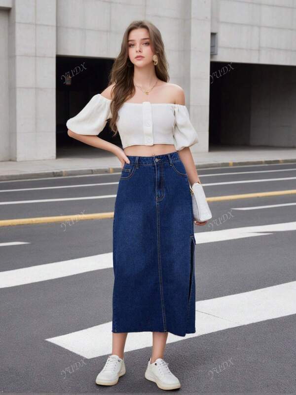Fashion Dark Washed Blue Women's Fringed Denim Skirt Slit Elegant Outfits For Summer 2025