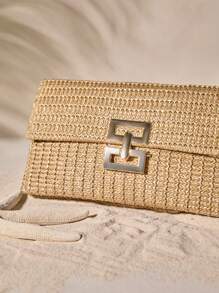 Tropiscape Multi-Layer Twist-Lock Flap Clutch Gold Bag Woven Handbag, Perfect For Vacation Beach Autumn Christmas Christmas Winter Christmas Gifts