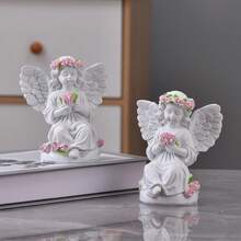1pc Resin Angel Figurine With Flower Bouquet - Decorative Collectible Statue For Living Room, Indoor Home Decor, No Electricity Needed - Multicolor - View 6