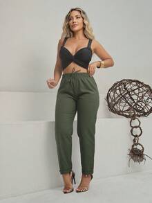 TEREZA Women's Trousers With PREMIUM Linen Italian Hem And Casual Elastic Waistband - 軍綠色 - 查看 6