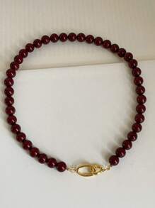 1 pieza Collar de cuentas de piedra natural de ágata roja, cadena dorada para mujer, cierre de doble broche, forma redonda, enchapado en oro de 14K, adecuado para accesorio diario y de fiesta, joyería de moda, regalo para la mejor amiga