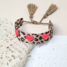 1 buc. Brățară împletită cu imprimeu de leopard, lucrată manual, cu broderie 3D cu inimă, mărime reglabilă, la modă pentru femei, potrivită pentru festivaluri, petreceri, călătorii și purtare de zi cu zi
