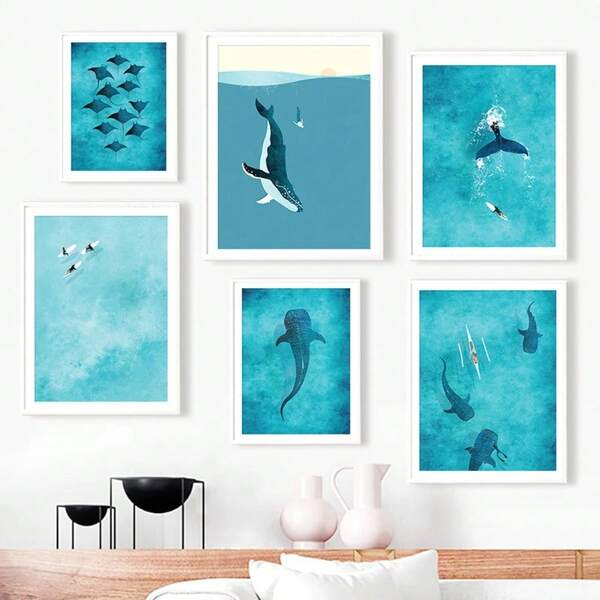1pc Optional Frame Blue Whale Shark Diver Sail Surf Sea Wall Art Canvas Painting Nordic Posters And Prints Wall Paintings Room Decor,Wall Art With Frame