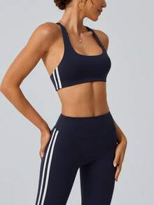 NcmRyu 1 Set Women's Seamless Elastic Striped Compression Running Leggings Outdoor Suit - Blue - View 4