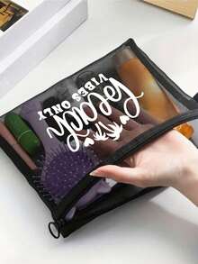 Maestra Mesh Cosmetic Bag Lipstick & Cushion Puff Storage Portable Make-Up Bag, Beach Letter Transparent Organizer Bag,Coconut Tree, Heart-Shaped Patternhanging Toiletry Bag,Clear Cosmetic Bag Travel Essentials Travel Accessories Travel Bag For Vacation Holiday Back To School School Stuff Glasses Case Sunglasses Women