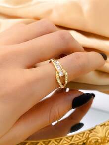 1pc Women's Premium Designed Zirconia Adjustable Open Ring With Inlaid Diamonds - Gold - View 2