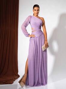 Long Dress For Bridesmaids Wedding Graduation One Sleeve Elegant - Lilac With Shine - View 3