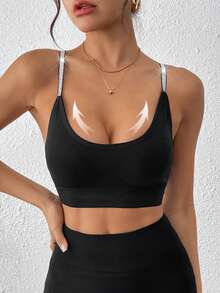 LianShengFa 1pc Seamless Ribbed Criss-Cross Strap Racerback High-Impact Sports Bra, Removable Pads, Soft & Breathable Yoga Crop Top - Black - View 4